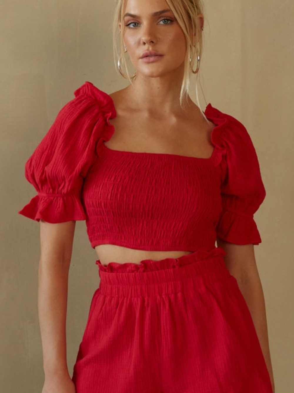 NWOT Day + Moon - Smocked Gause Red Puff Sleeve Crop Top Women’s Size M